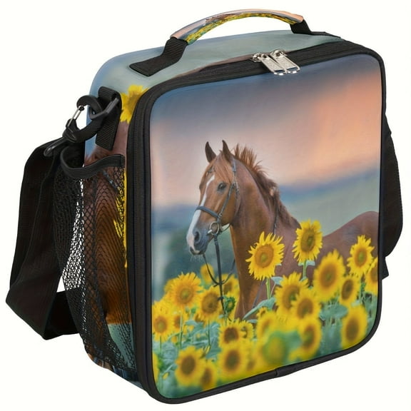 Square lunch bag with a pattern of horses and sunflowers