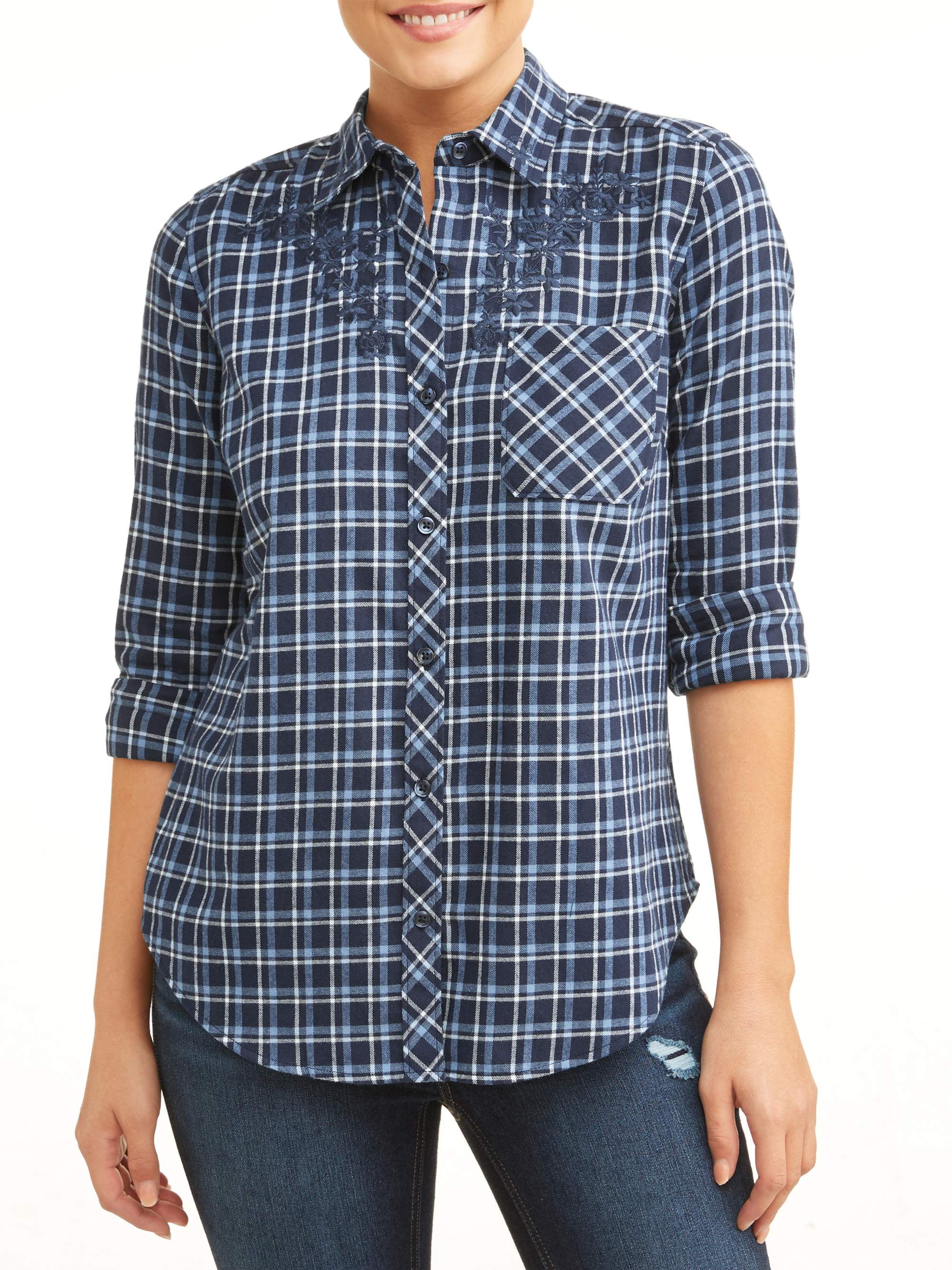 Time and Tru Women's Plaid Shirt With Embroidery - Walmart.com