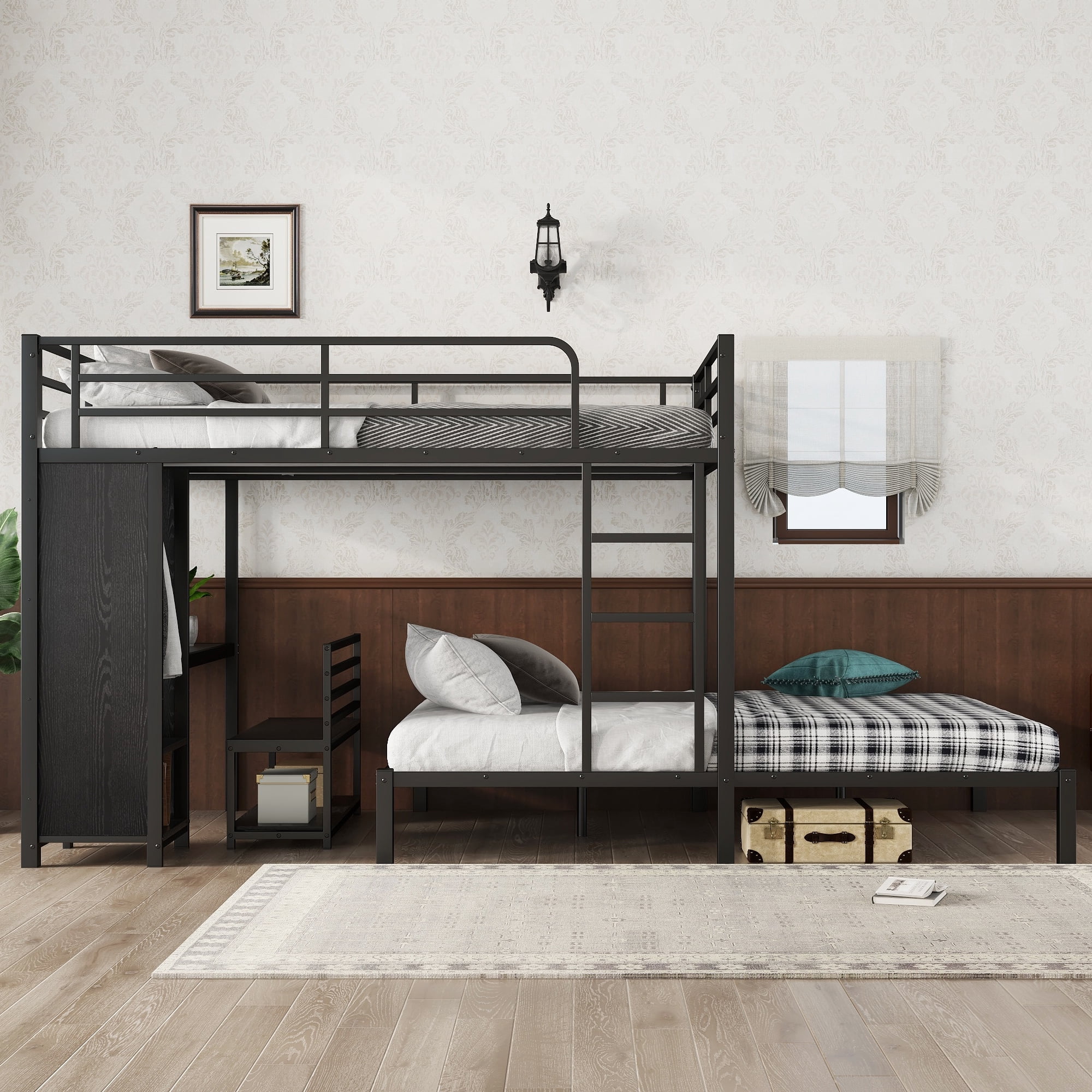 Queen over Queen Bunk Bed with Built-in Wardrobe,Heavy Duty Metal Bunk Bed with Desk and Storage Chairs,Black