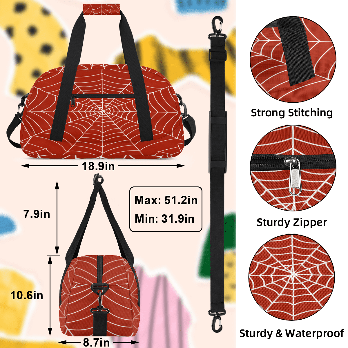 Herdesigns Spiders Web Sports Duffle Bag for Women & Men, Red Gym Bag Dance Bag Overnight Bag Carry On Weekender Travel Bag