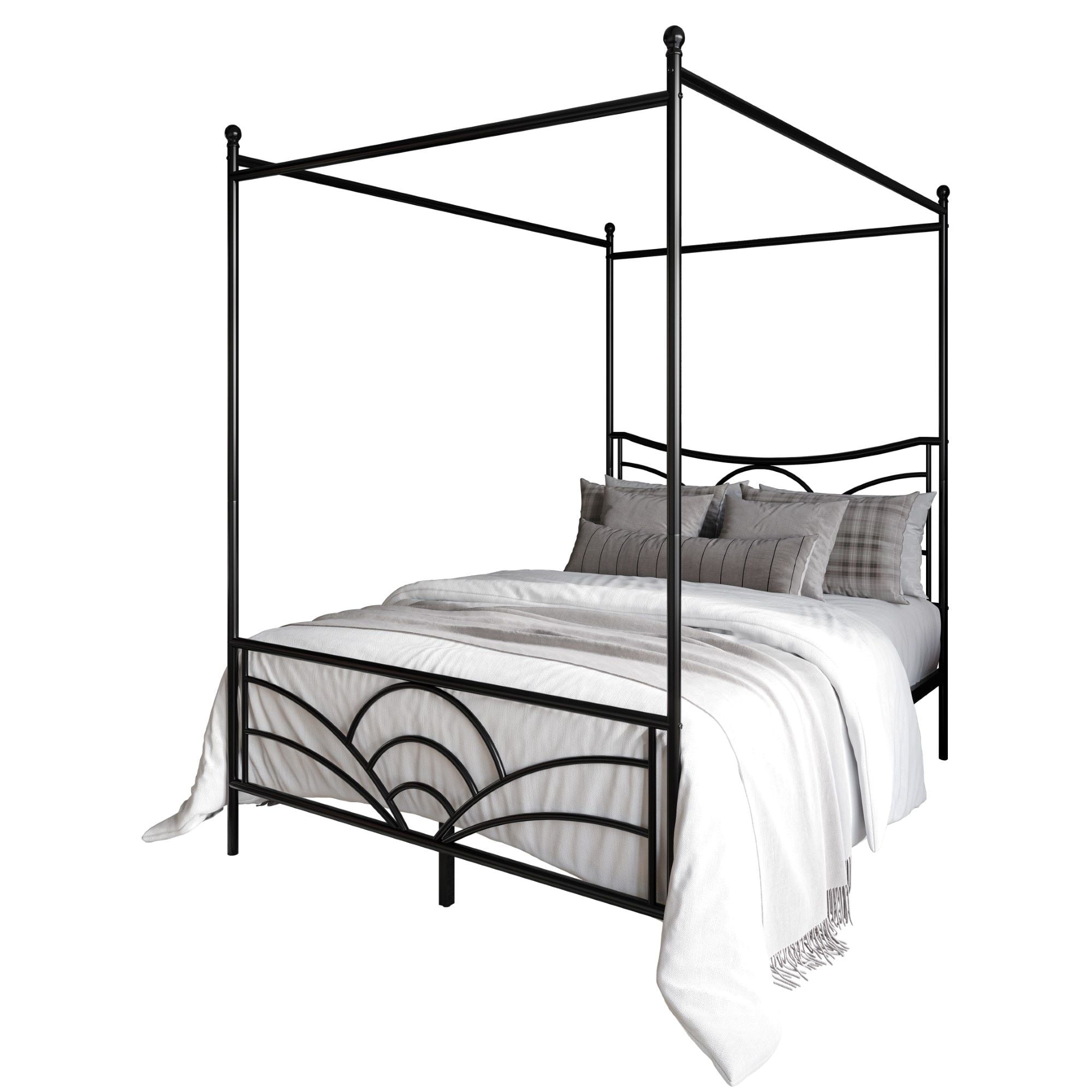 Home Design Denver King Metal Canopy Bed Frame with Arched Headboard and Central Support Leg, Black, Easy Assembly