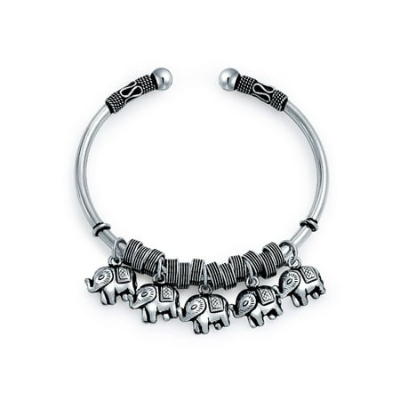 Childs Sterling Silver Cuff Bracelet - Bali Style 5 Charms Dangling Good Luck Elephant Bangle Cuff Bracelet For Women Solid Heavy Antiqued 925 Sterling Silver