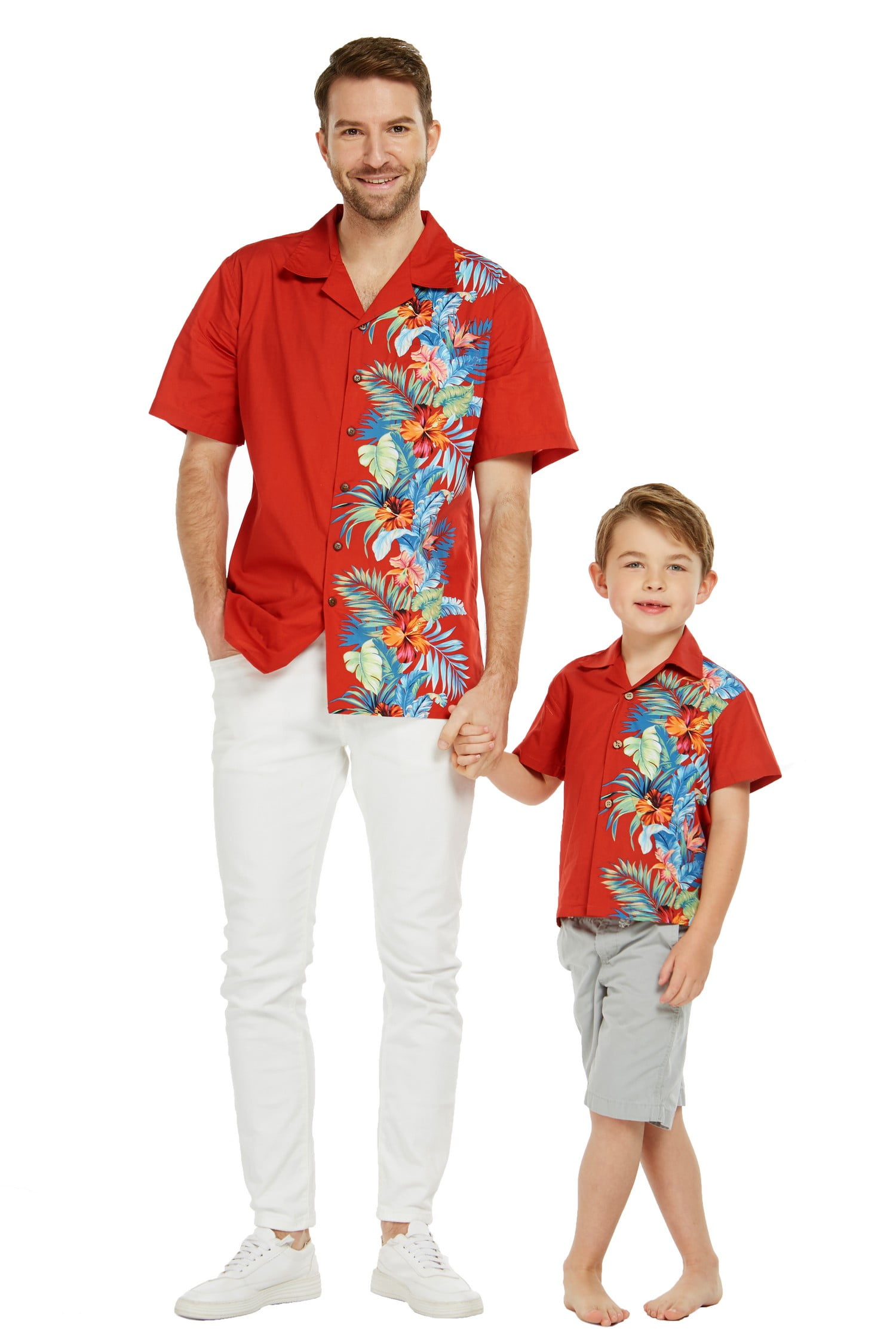 Matching Father Son Hawaiian Luau Outfit Men Shirt Boy Shirt White Navy Floral 