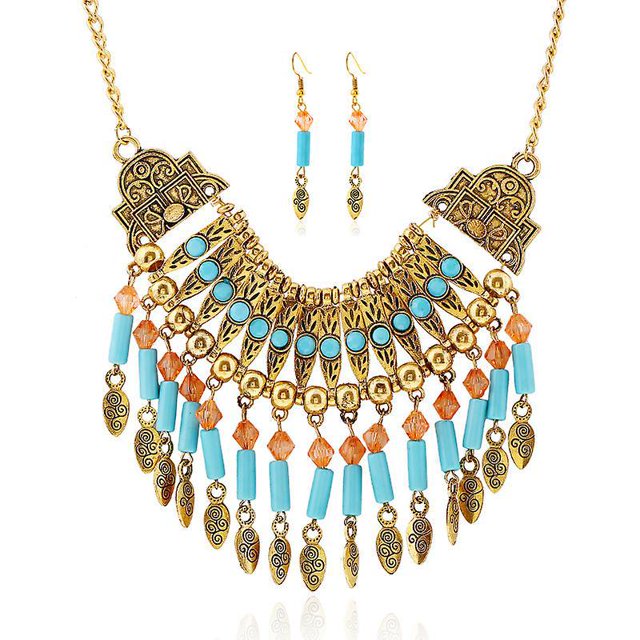 Colgante de borla de estilo bohemio, collar grueso, pendientes, conjunto de joyería exagerada, regalo de fiesta de cumpleaños para mujer