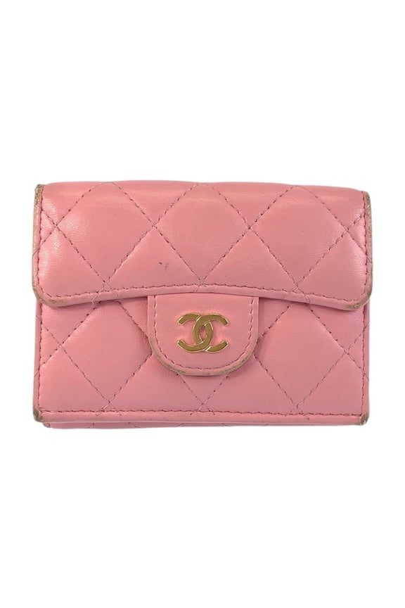 Pre-Owned CHANEL Matelasse Coco Mark Pink Gold Hardware Leather Folding Wallet Compact Women's