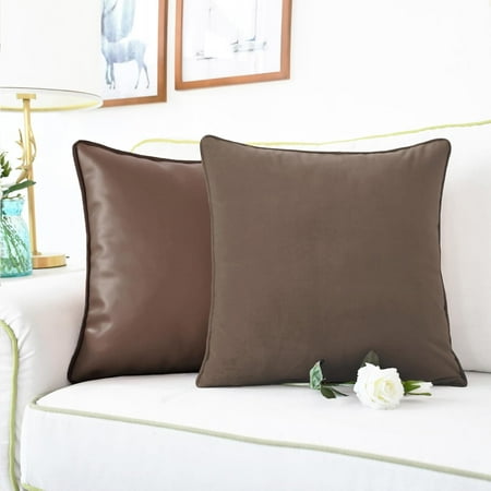 

CaliTime Throw Pillow Cases Pack of 2 Modern Ultra Soft Faux Leather Gorgeous Velvety Faux Cashmere Decorative Cushion Covers Shells for Couch Sofa Home Farmhouse 16x16 Inches Brown