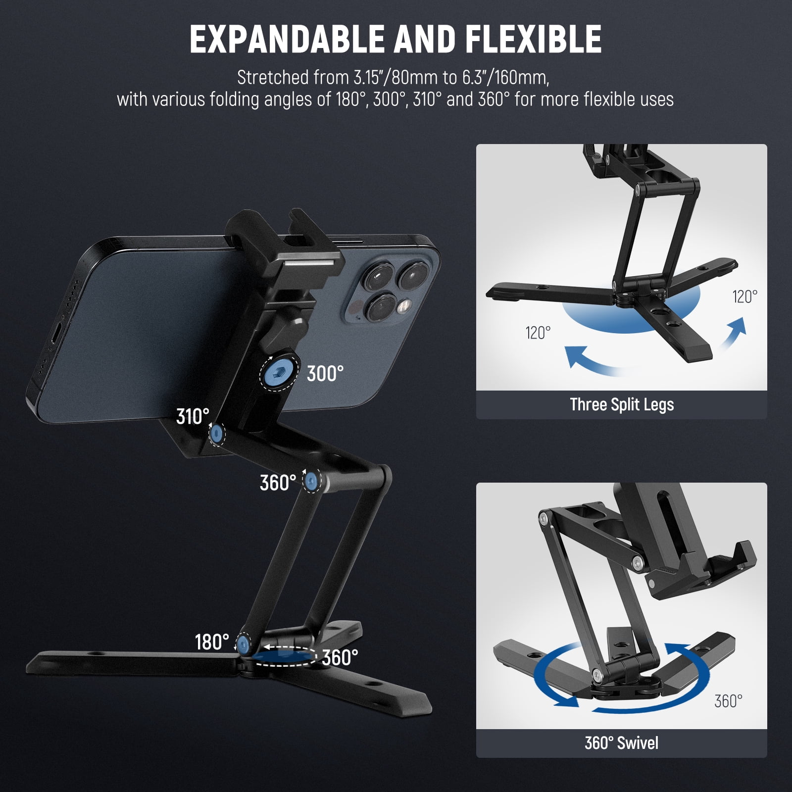 Neewer SP-04 Phone Tripod Mount with Cold Shoes, Metal Tri-Fold Grip for iPhone, Multi-Angle Holder for Streaming/Vlogging