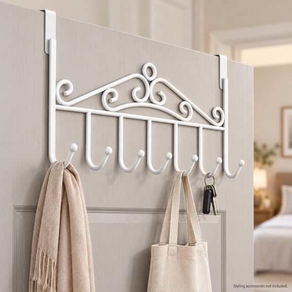 QuanTara Behind The Door Hooks, 16.14x9.05x2.36in No Drill Over The Door Organizer, Heavy Duty Metal Hanging Rack for Coats, Bags, Hats, Entryway, Bedroom, 6 Hooks, White