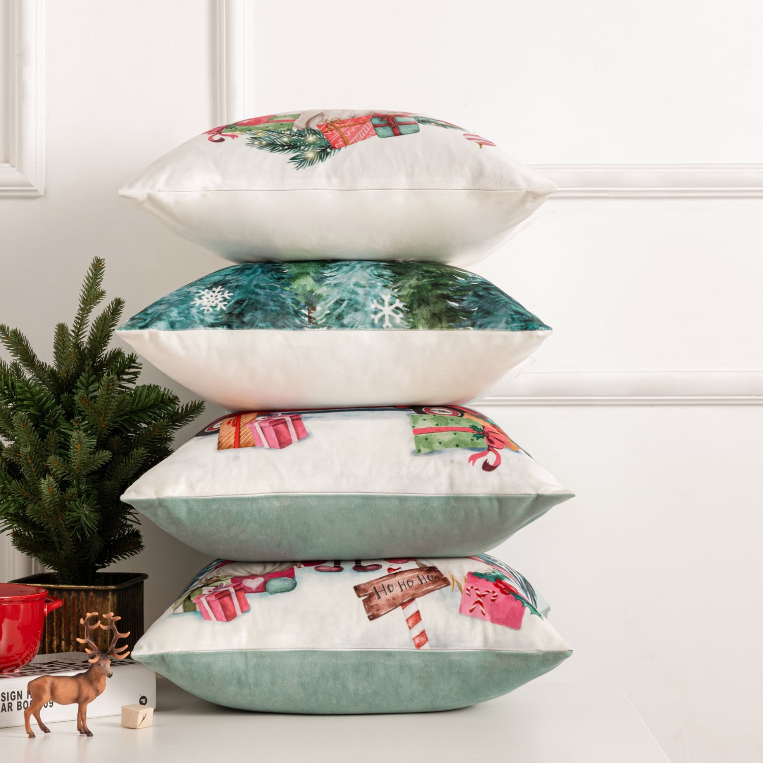 Christmas Santa Claus Decorative Pillows, Velvet Printed Christmas Tree and Car, 18" x 18", Pink, Set of 4