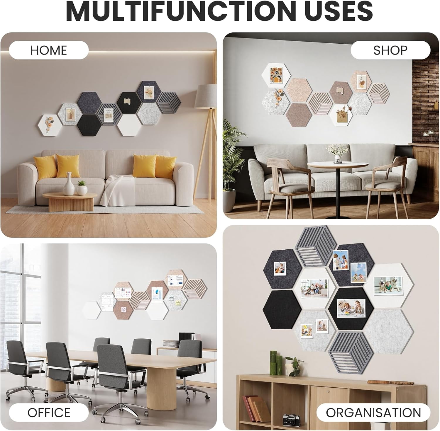 10 Pack Hexagon Cork Board, 12" x 10" Self-Adhesive Felt Bulletin Board Tiles with 40 Pushpins, Pin Boards for Wall Decor Home Office School DIY Display Boards for Photos
