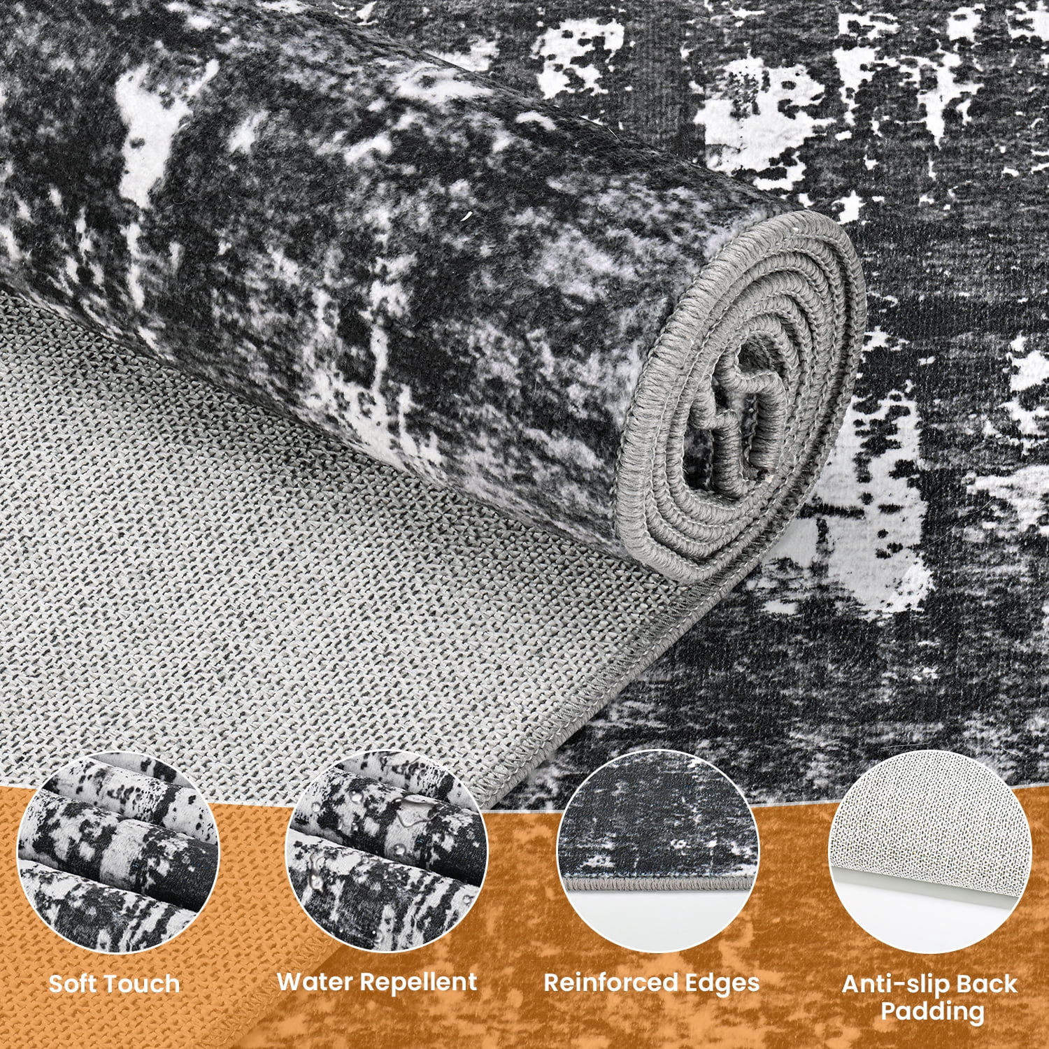 Area Rugs for Living Room, Homasen 4'x6' Washable Indoor Rug Neutral Ink Black, Soft Low Pile Stain Resistant Carpet for Entryway, Nursery, Bedroom