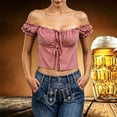 thumbnail image 2 of HUAXUN Women’s Red White Small Grid Gingham Off Shoulder Ruffle Trim Puff Short Sleeve Tie Front Hollow Cropped Oktoberfest Festival Casual Blouse (Red,L), 2 of 6
