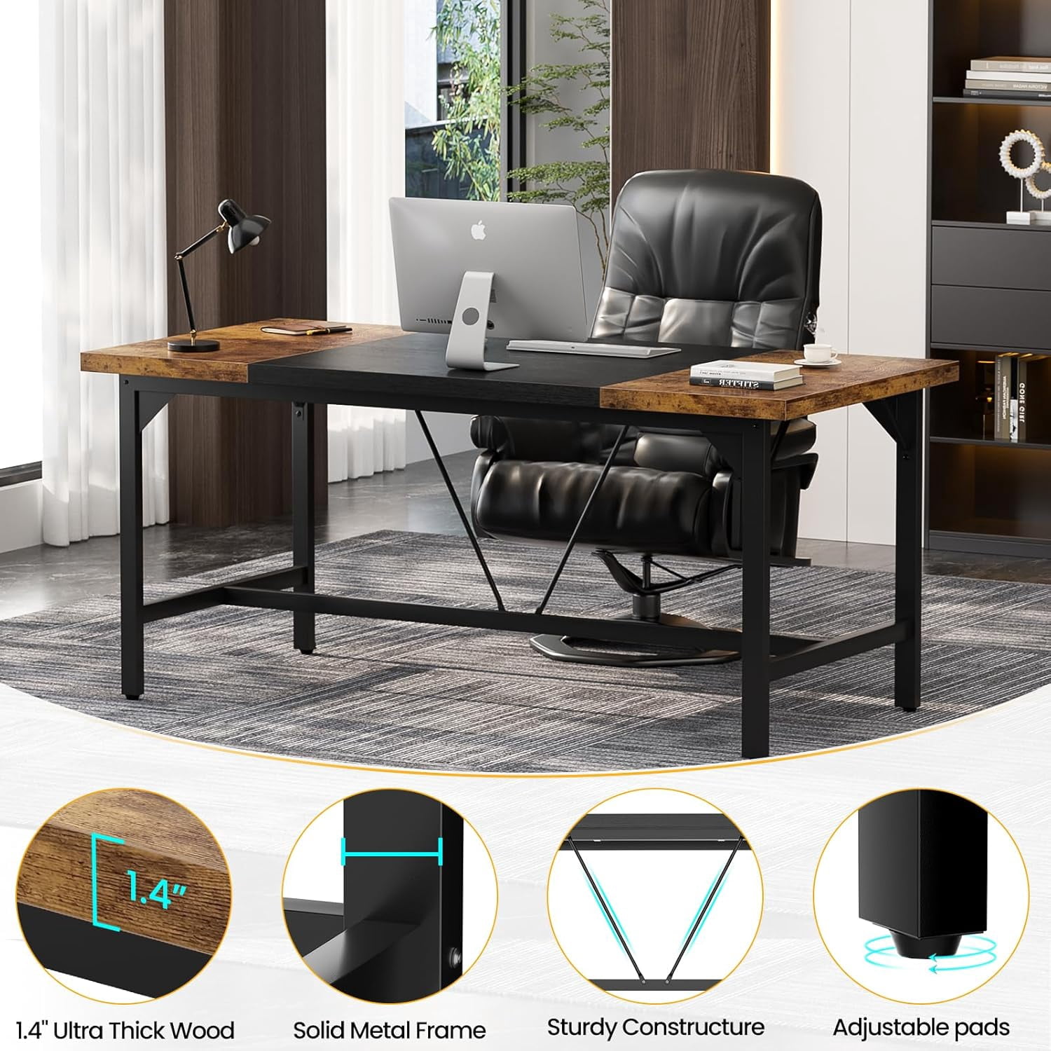 Homieasy 63 Inch Computer Desk, Sturdy Large Office Desk, Premium 2 Person Long Desks, Super Thick Study Writing Gaming Table, Modern Computer Table, Easy to Assemble, Rustic Brown