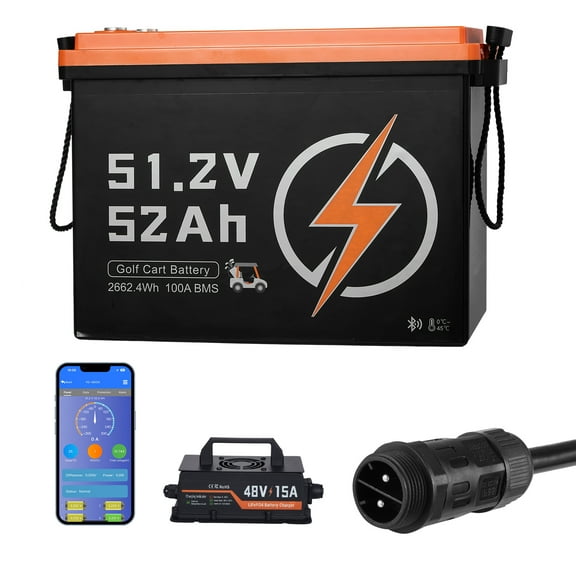 KFFKFF 48V (51.2V) 52AH Lithium Battery for Golf Carts, Includes 15A Charger, Lifepo4 Battery Pack with 100A BMS, 4000 Charge Cycles, 2C Discharge Rate, Bluetooth and Mobile App Compatibility