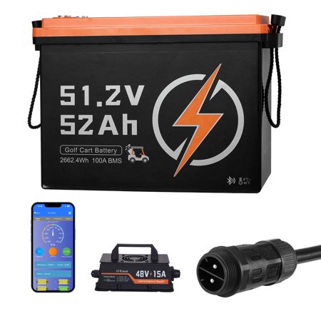 KFFKFF 48V (51.2V) 52AH Lithium Battery for Golf Carts, Includes 15A Charger, Lifepo4 Battery Pack with 100A BMS, 4000 Charge Cycles, 2C Discharge Rate, Bluetooth and Mobile App Compatibility