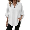 thumbnail image 2 of ClodeEU Women's Collar V Neck Batwing 3/4 Dolman Sleeve Blouse,Solid Curved Hem Casual Loose Shirt Top White,Women's Plus XXL, 2 of 9