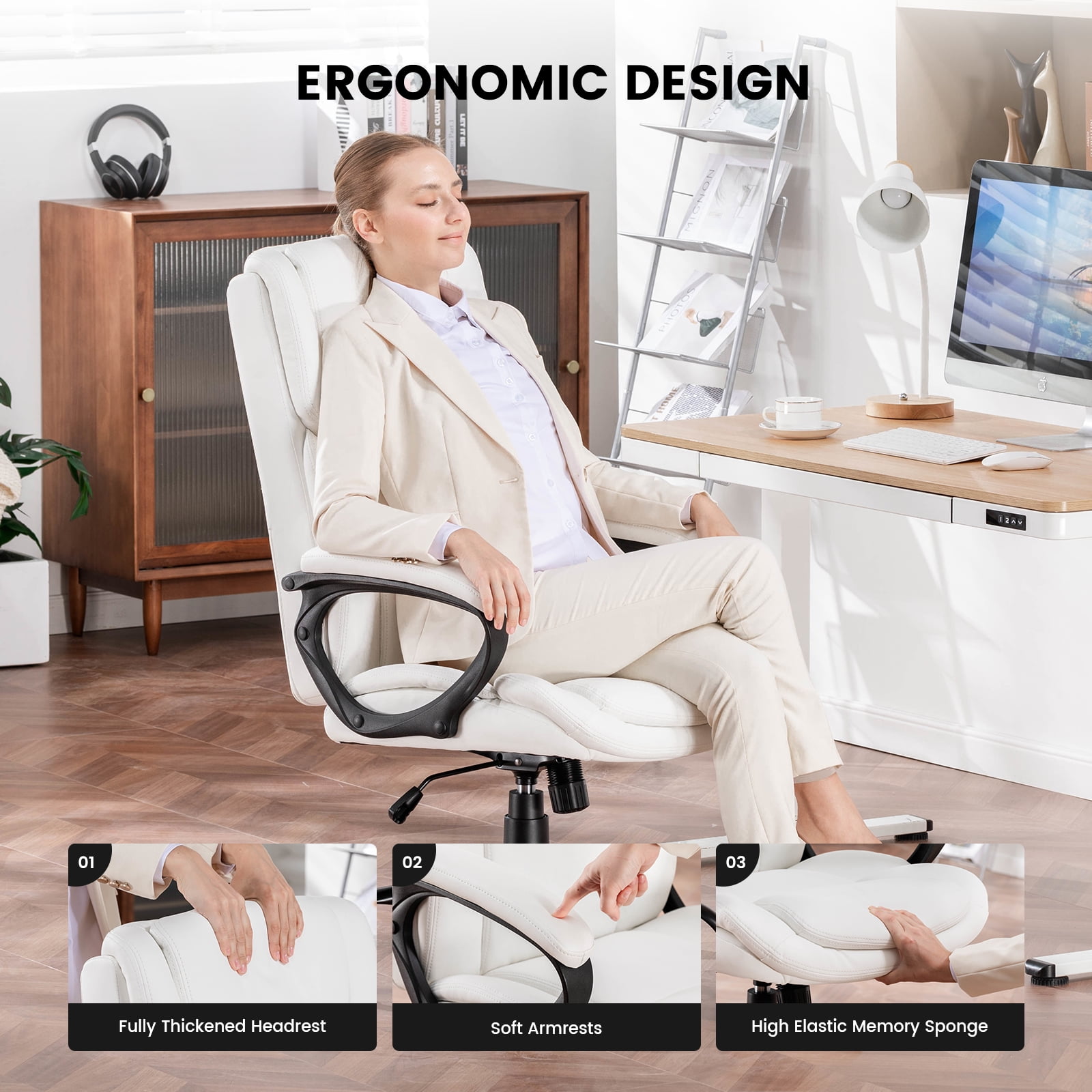 Mainstays Executive Ergonomic High Back Leather Home Office Desk Chair, White