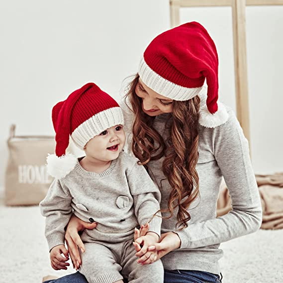 Chapeau de Noël Assorti Famille Bonnet en Tricot pour mère et bébé Noël  Parent-Enfant Pom Pom Bonnet Chapeau d'hiver Plus Chaud Santaa Chapeaux  Crochet 