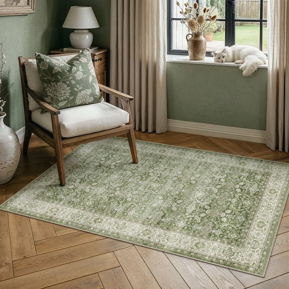 BERTHMEER Small Area Rugs 3'x5' for Bathroom Kitchen Bedroom Entryway Entrance Rugs Non Slip Washable Vintage Green Carpets Oriental Dorm Home Office Traditional Distressed Throw Rugs