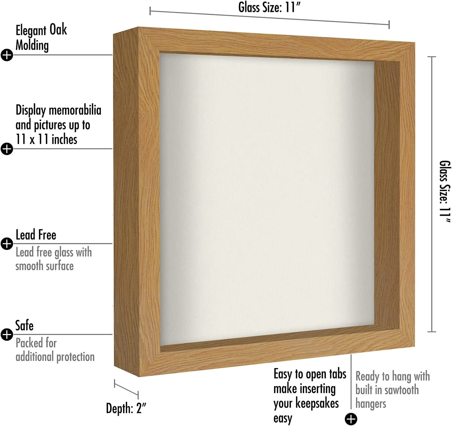 Americanflat 11x11 Shadow Box Frame in Oak with Soft Linen Back - Composite Wood with Polished Glass for Wall and Tabletop