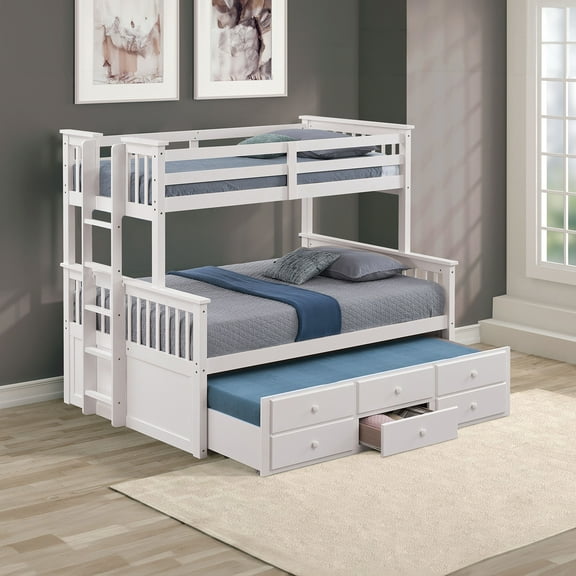 Transitional Twin Over Full Bunk Bed With Ladder And Underbed Drawers, White