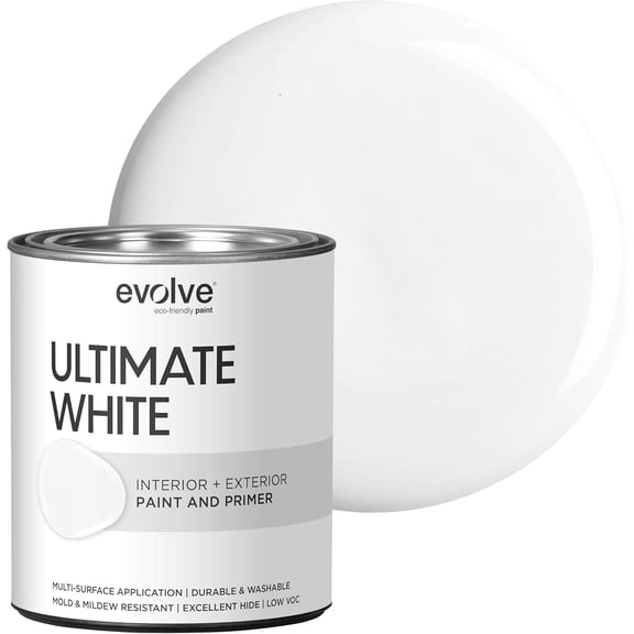 Evolve Ultimate Satin White Acrylic Latex Paint and Primer, Exterior and Interior Paint, 1 Quart
