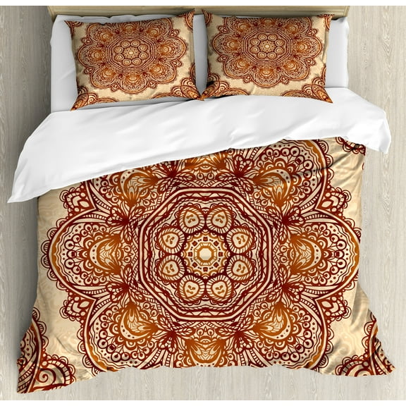 Ethnic Duvet Cover Set, Mandala Style Floral Flower with Abstract Paisley Backdrop Art Print, Decorative 3 Piece Bedding Set with 2 Pillow Shams, Calking Size, Dark Brown Pale Brown, by Ambesonne