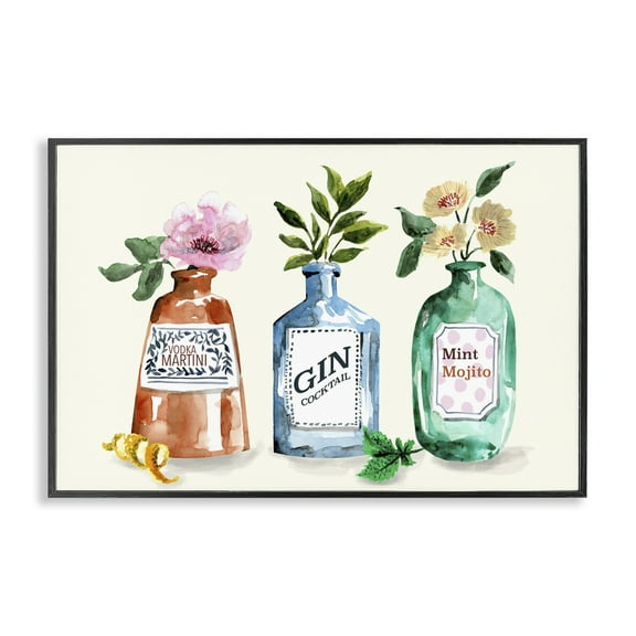 Stupell Industries Floral Alcohol Bottles Food & Beverage Painting Black Framed Art Print Wall Art, 18 x 12