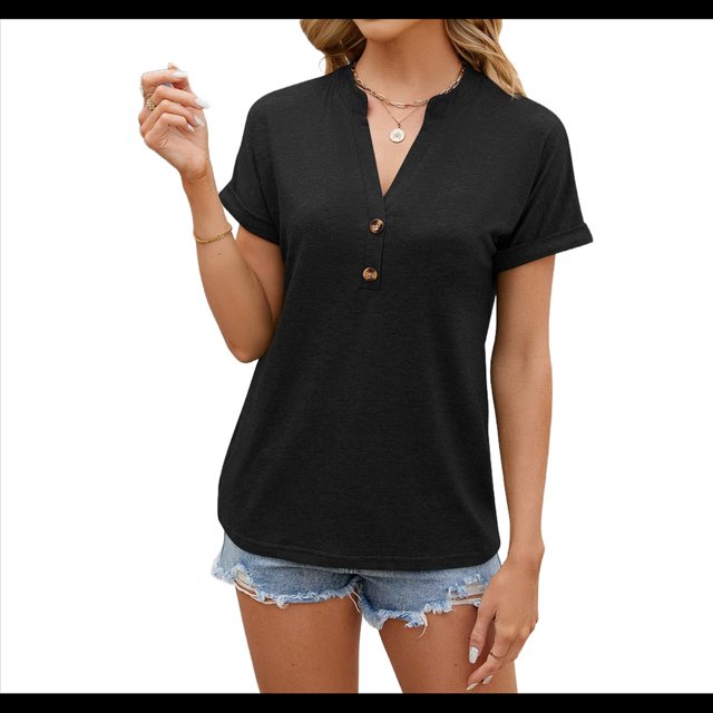 Camisetas de Mujer Modernas con Cuello en V y Botones, de Corta, Informales, Básicas, Holgadas Negro XL