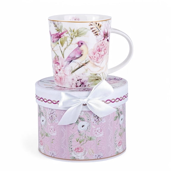 STP GOODS Birds in Rose Garden Bone China Mug in Gift Box 10.14 fl oz (300 ml) Floral Mug Coffee and Tea Mug for Latte Cocoa Chocolate Porcelain Mug, White and Pink