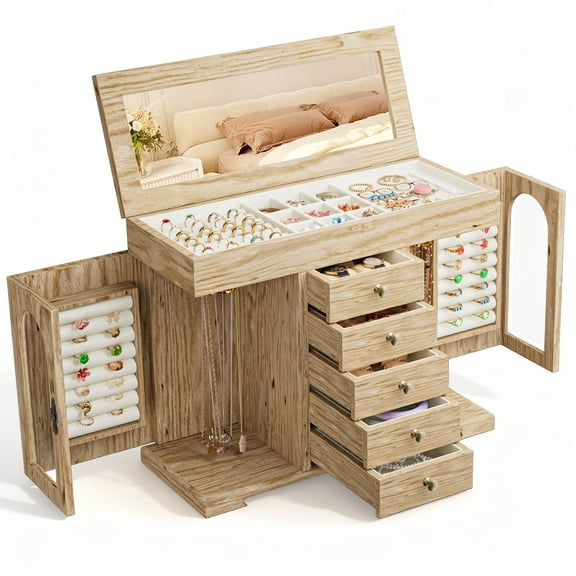 WLRETMCI Jewelry Box for Women Large Wooden Jewelry Box Organizer with Mirror and Drawers, Rustic Brown