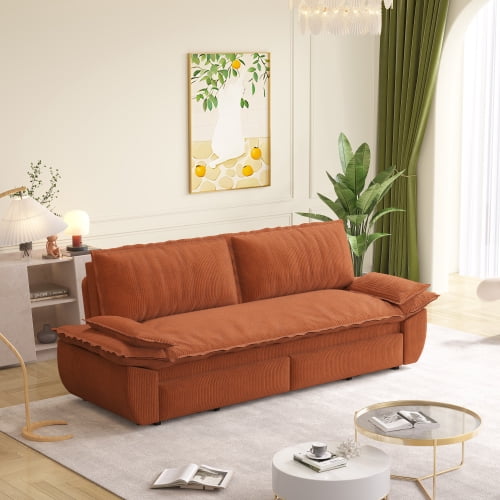 73.2" Queen Pull Out Sofa Bed, 3-in-1 Convertible Sleeper Sofa, Multi-Functional Corduroy Loveseat Couch with Pull-Out Bed, Orange