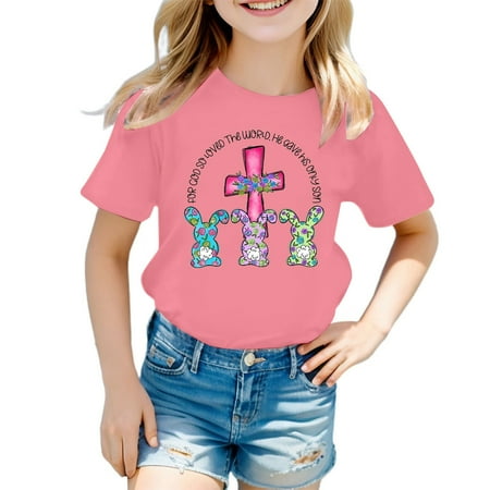 Summer Print T Shirt Girls Cute Easter Print Short Sleeve T Shirt Top Pink 4Y-5Y