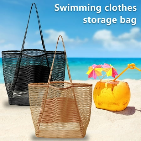 Eummy Mesh Tote Bag Large Mesh Beach Bag Reusable Beach Bag Waterproof Sandproof Base Shoulder Beach Bag with Sturdy Shoulder Strap for Holiday Beach Picnic  17.3 x 15.7 x 5 in