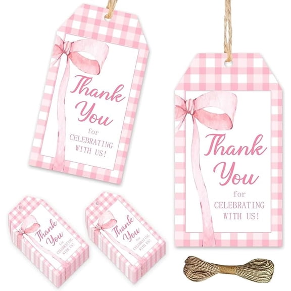 50Pcs Pink Bow Thank You Tags Pink Bow Theme Thank You Label Gift Wrapping “thank You for Celebrating with Us !” Pink Coquette Bow Princess Birthday Party Decor for Girls Baby Shower Bridal Shower