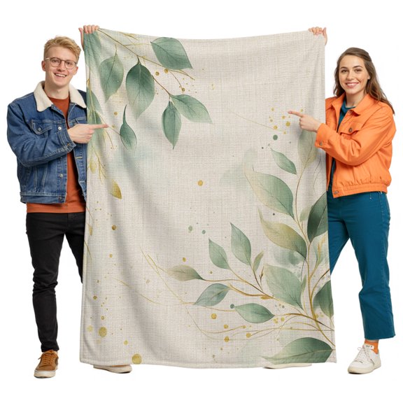 Flannel Throw Blanket for Couch Sofa Bed, Green Plant on Vintage Linen Soft Cozy Warm Fuzzy Blanket 40x50in