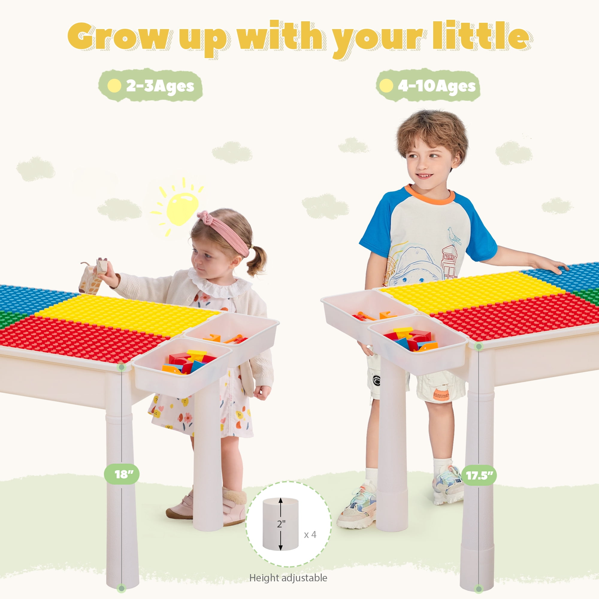 Tobbi Toddler Table and Chairs, Kids Activity Table Set with 2 Chairs, Building Block Table
