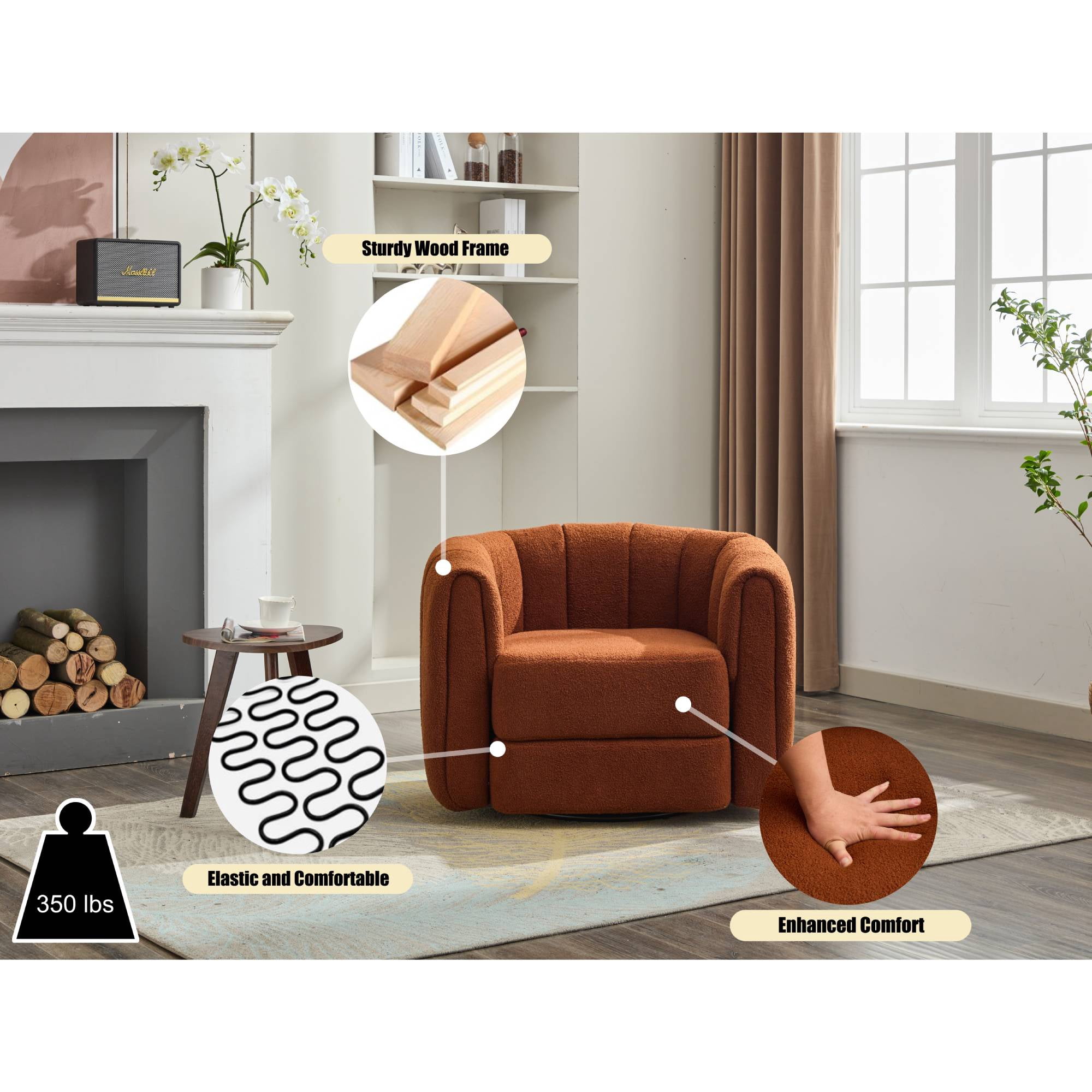 Swivel Accent Chair Modern Round Barrel Chair Comfy&nbsp;Velvet Reading sofa chair Armchair For Living Room, Brown