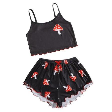 

Womens Summer Cute Pajamas Set Casual Print Frill Hem Spaghetti Strap Crop Camis and Shorts 2 Piece Outfits Sleepwear