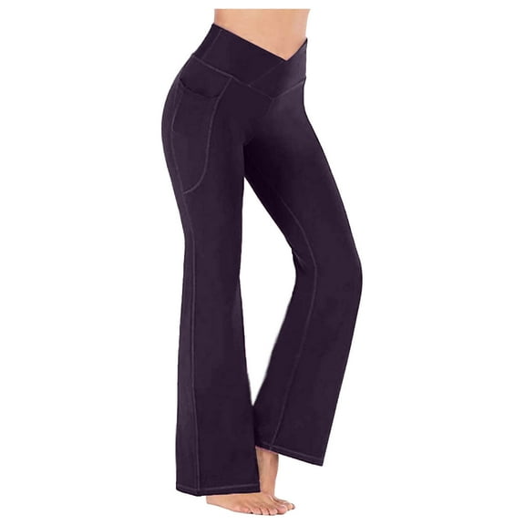 XFLWAM Flare Leggings for Women Crossover High Waisted Yoga Pants Casual Bootcut Workout Bell Bottom Leggings with Pockets