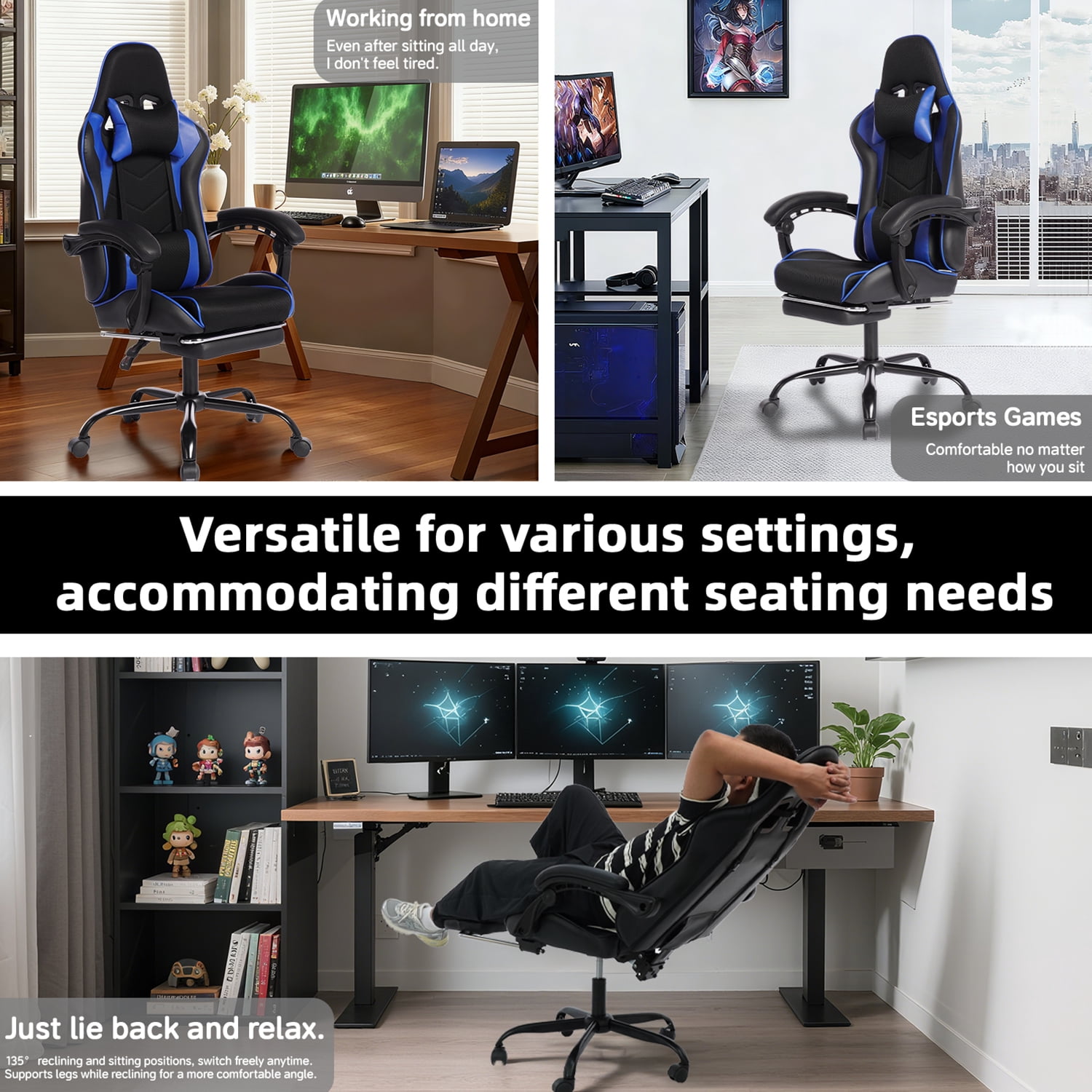 Mintazer Gaming Chairs with Footrest, Massage Leather Computer Game Chair with Headrest and Lumbar Support, E-Sports Chair for Adults Home Office, Black & Blue