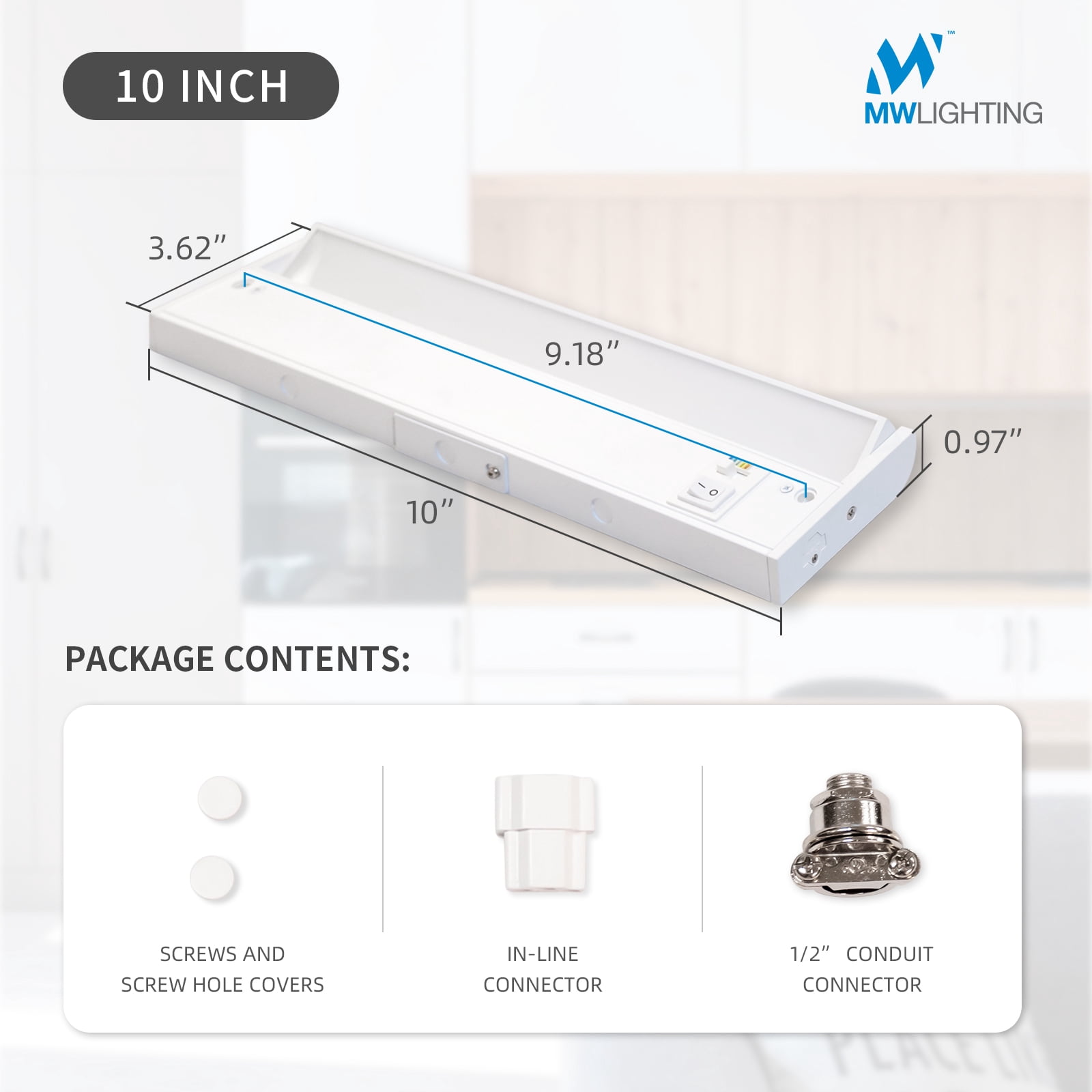 1PK 10 inch Linkable LED Kitchen Under Cabinet Lighting with 5CCT Selectable, Hardwired & Plug-in, 70degree Swivel, Aluminum Material,White Finish,Dimmable with Wall Dimmers 4pack (10 inchs)