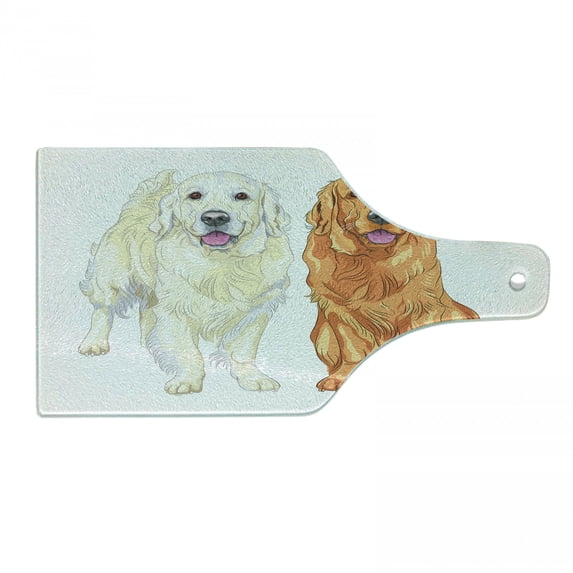 Golden Retriever Cutting Board, Smiling Pale and Red Dog Pure Breed Sitting Staying Thoroughbred, Tempered Glass Cutting and Serving Board, Wine Bottle Shape, Orange Ivory Pink, by Ambesonne