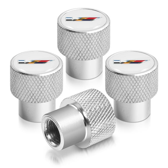 Cadillac V Logo in White on Shining Silver Aluminum Tire Valve Stem Caps