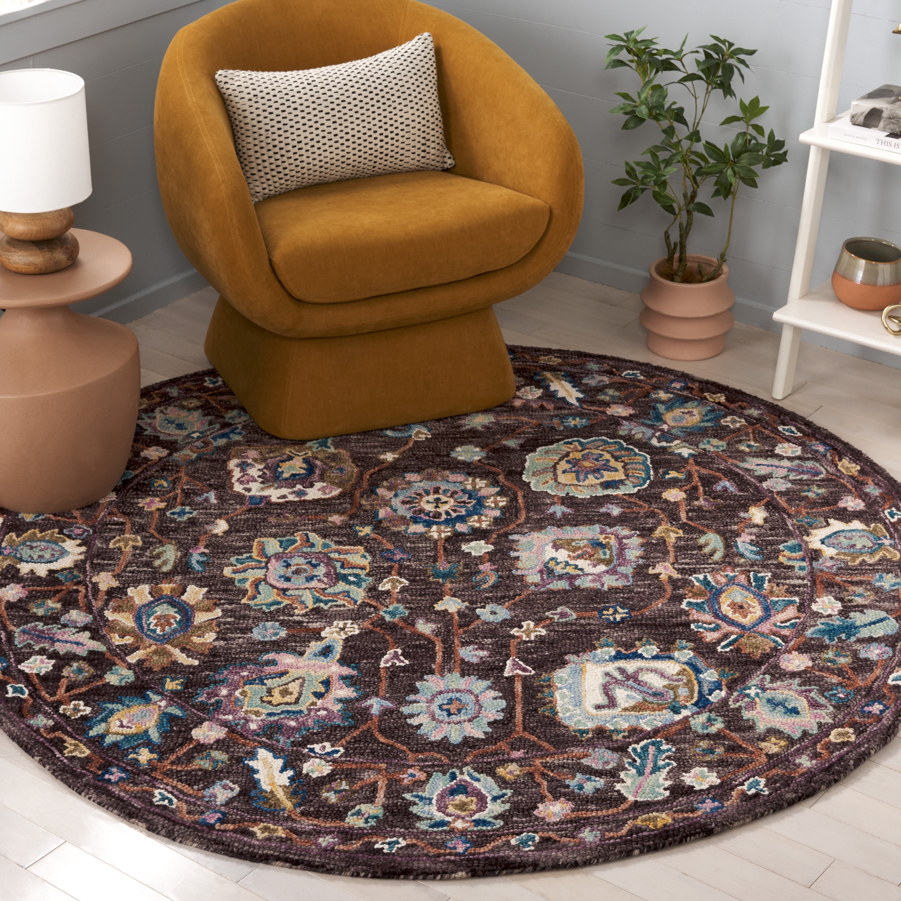 SAFAVIEH Blossom Atanas Floral Area Rug, Charcoal/Lavender, 6' x 6' Round