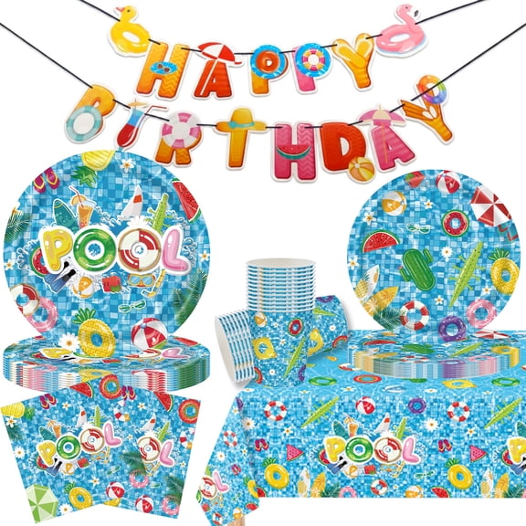 JESTAR 52Pcs Summer Pool Birthday Party Supplies, Watermelon & Flamingo Themed Tableware for 10 Guests - Includes Plates, Napkins, Cups, Tablecloth, Banner for Tropical Beach Swimming Bash