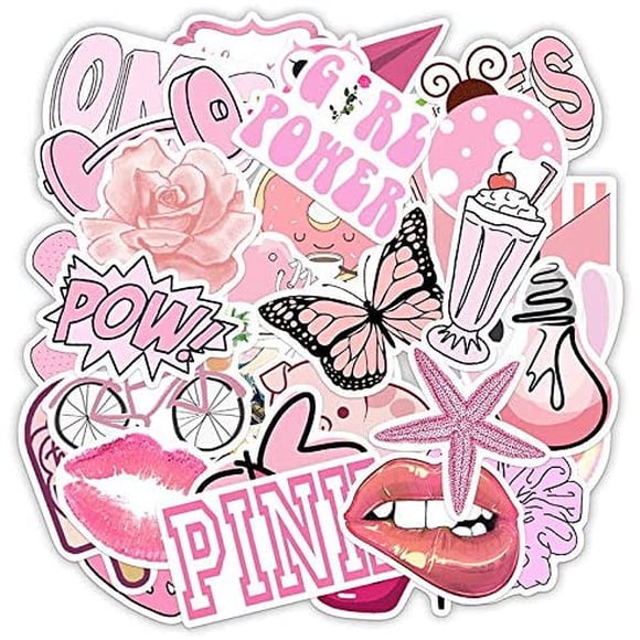 Cute Stickers for Water Bottles, 50 Pack Laptop Stickers Trendy Aesthetic Stickers for Guitar Computer Phone, Water Bottles Stickers for Teens Girls-Blue Style (Pink)