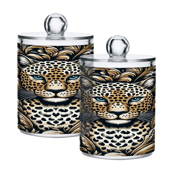 2 Pack Qtip Holder Dispenser Luxury Leopard in Leaves Clear Plastic Storage Apothecary Jars for Cotton Swabs Balls Pads Floss
