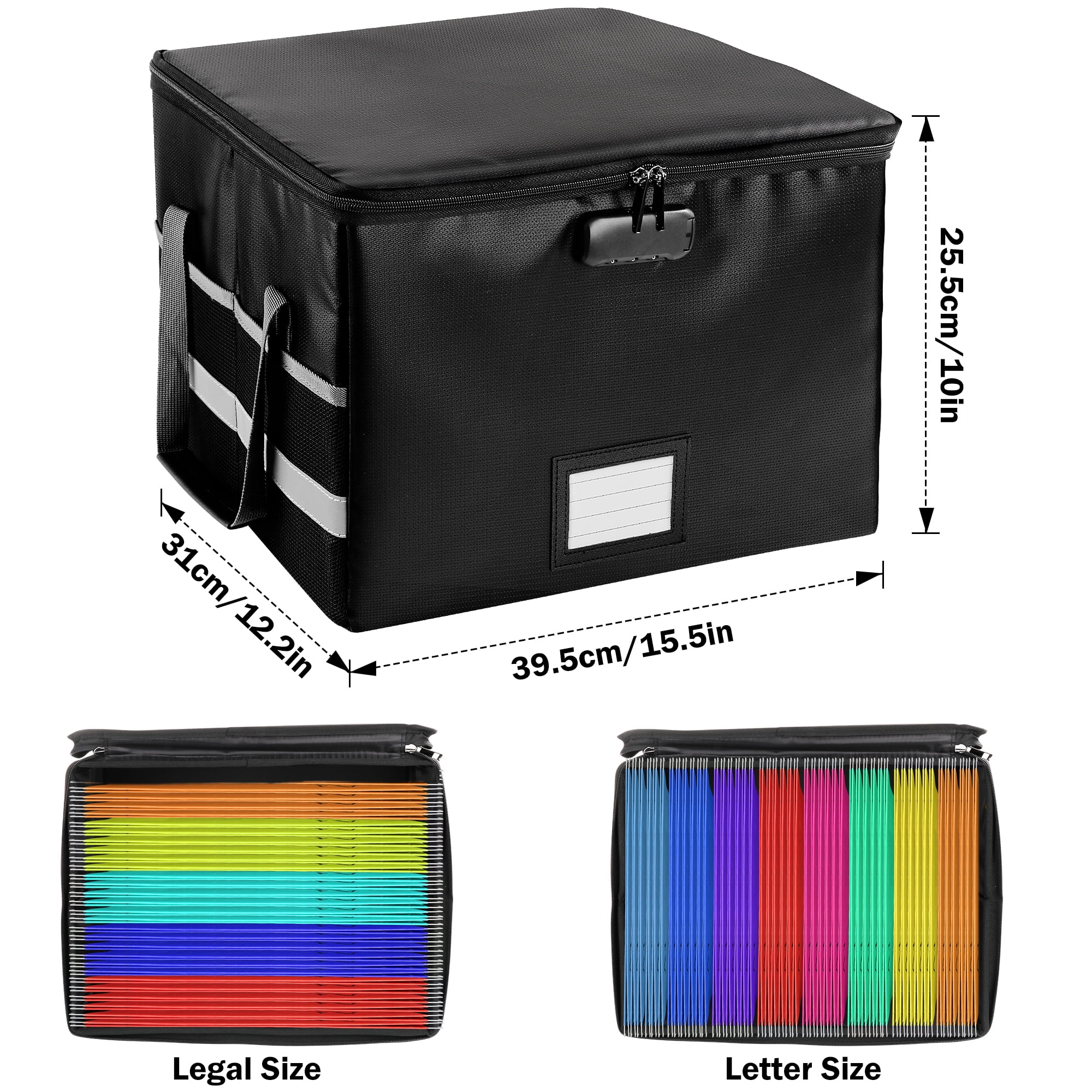 Kusmil File Box with Lock, Fireproof File Document Organizer for Home Office Hanging Letter/Legal Folder (Black)