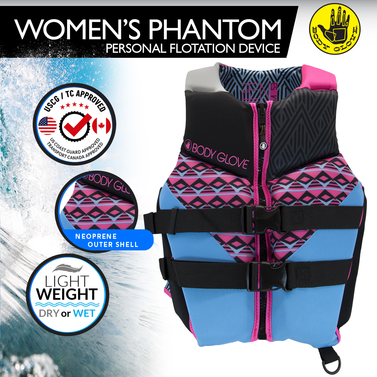 Body Glove- Phantom Women's PFD-Adult Life Jacket -Adult, Women, Large, Blue